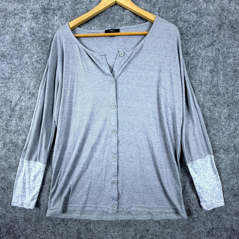 Very J Cardigan Sweater Womens Large Gray Two Toned Button Front Lightweight